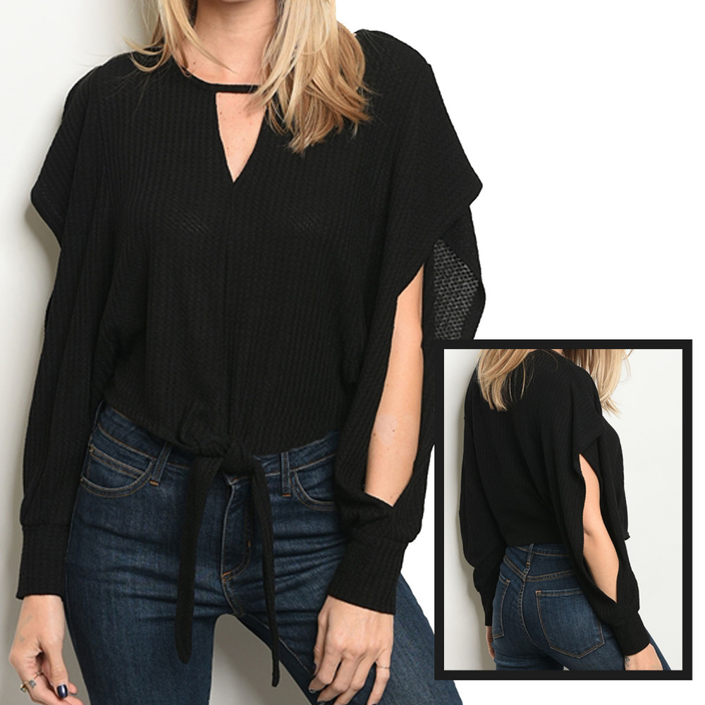 Long slit sleeve ruffled  knit sweater top.